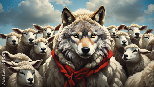 A wolf wearing a sheep's cloak stands in a field of sheep.