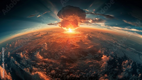 A breathtaking, surreal depiction of a nuclear explosion with expansive clouds and a fiery glow in the sky, invoking a sense of awe and devastation