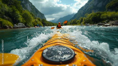 Vibrant yellow kayak navigating through sparkling waters under a sunny sky, surrounded by mountains