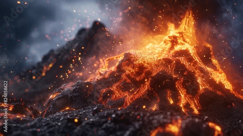 Lava spurting out of crater and smoke cloud. Volcano erupting hot lava and gases into the atmosphere