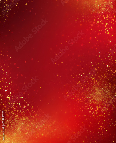 Abstract gold glitter lights on red background for banner. Blurred bokeh. Backdrop for Christmas, New Year greeting cards, Valentines day, Womens day, holiday or event 