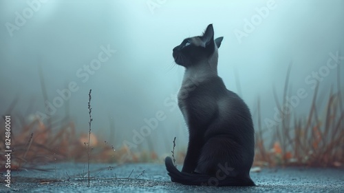 Graceful siamese cat sits elegantly against a tranquil blue background, lost in contemplation amidst the misty mystery