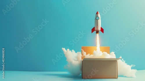 A red and white rocket launching into the sky