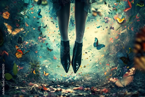 mysterious surreal womans legs in high heels falling into butterfly pit conceptual digital art