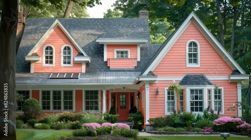Craft man house exterior painted in peach with white window trims