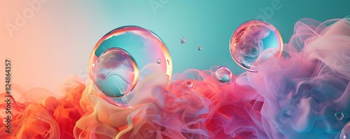 bubbles on wavy veil smoke pastel background, abstract fluid foam banner
