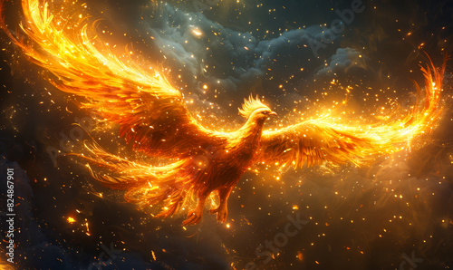Majestic Fiery Phoenix Rising from Ashes Against Starry Night Sky, Symbolizing Renewal and Transformation