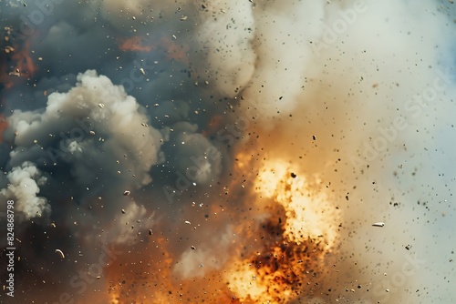 Explosion with flame smoke and dust in the street without people. Military Concept. Strength, power. Detonation with lots of smoke, fire and sparks. Fiery bomb dust particles splash. Catastrophe. War