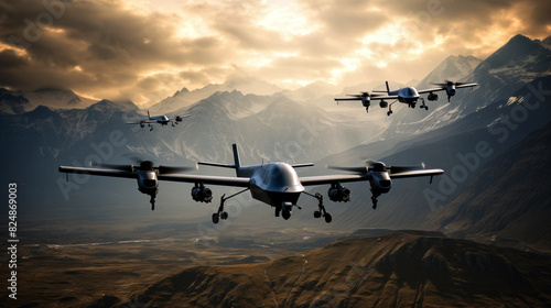 Military kamikaze drone squadron flying over mountain range at sunset