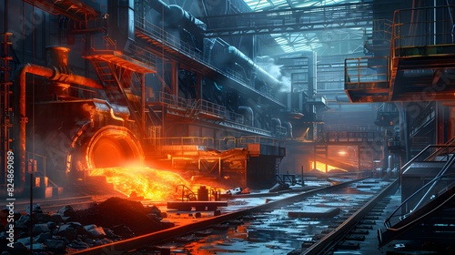 Metallurgical industry with melting metal , heavy industry interior view concept image 