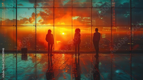 Three people silhouetted against a vibrant sunset, gazing out of a skyscraper window.
