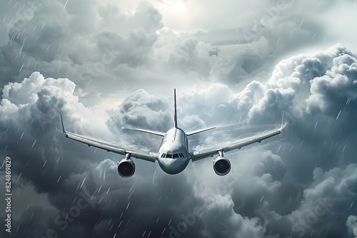 Commercial Airplane Flying Through Rainy Cloudy Sky in Dramatic Weather Conditions
