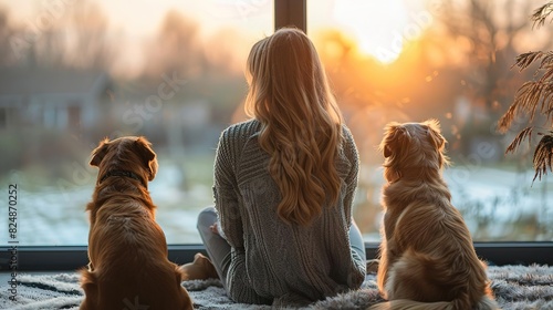 Woman with two dogs sitting by the window, watching sunset.