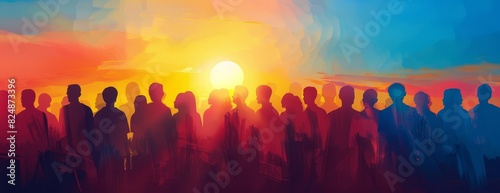 A group of diverse people stand together, looking out at a beautiful sunset