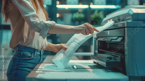 Office worker print paper on multifunction laser printer. Document and paperwork. Secretary work. Woman working in business office. Copy, print, scan, and fax machine. Print technology 
