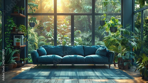  A spacious living room featuring an abundance of greenery and a vibrant blue sofa situated beneath a towering window