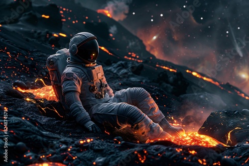 a astronaut sitting in lava