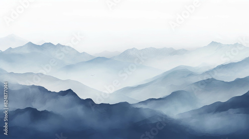 Serene watercolor painting of blue mountains with misty valleys and a soft gradient sky, capturing a peaceful and tranquil landscape scene.
