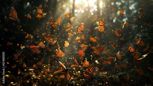  A group of orange butterflies flies in the sunlit sky over tree-lined backdrop