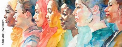 A diverse group of women stand together, their faces turned in profile
