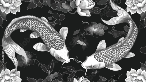 Japanese brocade koi carps in water monochrome graphi