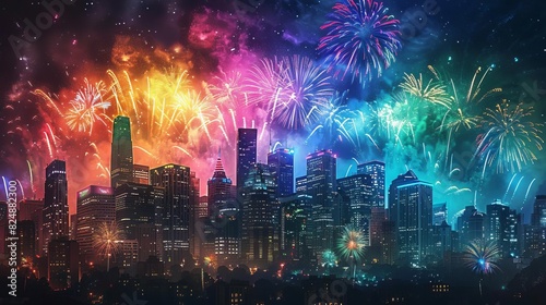Spectacular fireworks at the end of a pride parade, lighting up the night sky with rainbow colors, celebrating love and acceptance, city skyline and ample copy space