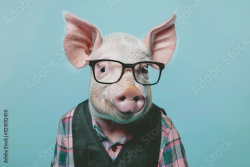 a pig wearing glasses and a vest