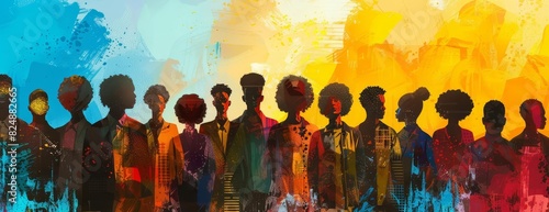 A painting of a group of diverse people standing together in unity. The background is a bright, abstract landscape.