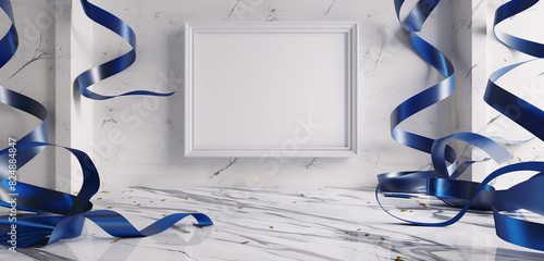 3D render of an empty space with a blank picture frame, cobalt blue ribbons, and a marble floor. High-definition mockup.