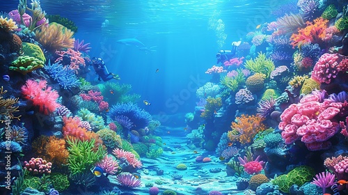 Colorful beautiful coral reefs under the sea, concept of tourism and environmental conservation.