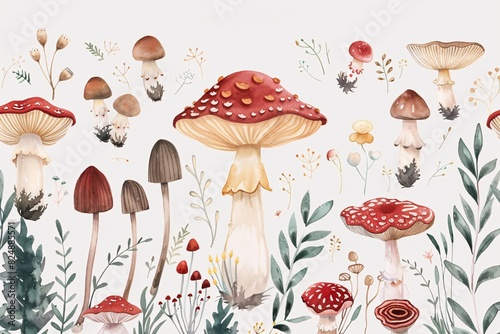 a group of mushrooms and plants