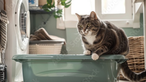 A plump cat exiting a litter box, with its paws on the edge and a content expression, in a well-organized laundry room.