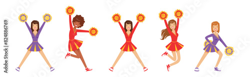Dance of Cheerleader Girl Character in Uniform with Pompom Vector Set