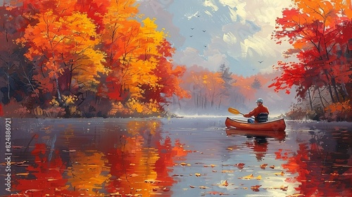 Nature Illustration, Autumn Canoeing on a Tranquil Lake: An illustration of a couple canoeing on a calm lake surrounded by autumn foliage, with reflections of colorful trees in the water.