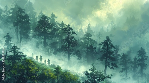 Nature Illustration, Hiking Through a Foggy Forest: An illustration of hikers making their way through a foggy forest, with tall trees fading into the mist and an air of mystery. Illustration image,