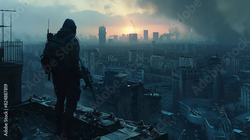 A lone survivor standing on a rooftop, scanning the horizon with a rifle in hand. Below, a sea of zombies moves through the streets, illustrating the overwhelming odds and the survivor's