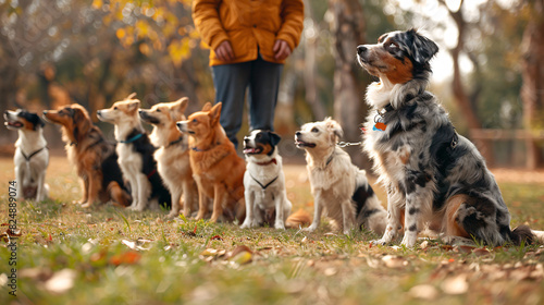 A professional dog trainer working with a group of dogs in a park, demonstrating obedience and training techniques, emphasizing the role of a dog trainer.