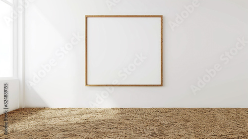 Blank frame in an empty room with a white wall and a sisal floor. 3D rendered mockup in ultra HD.