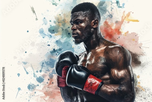 Powerful image of a boxer ready for fight, set against a vibrant watercolor backdrop