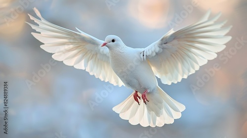  A white dove soars through the sky, spreading its wings in flight before the camera's eye
