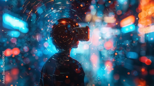 A person immersed in the Metaverse, exploring the virtual world through their mobile phone. The image captures the futuristic essence of blockchain technology