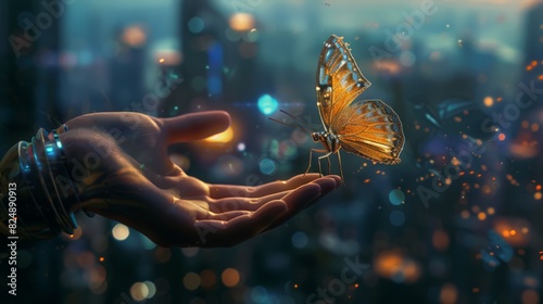 The delicate interaction between a biosensor-equipped hand and a computer graphic butterfly symbolizes the future of the Metaverse. This image showcases how Web3 