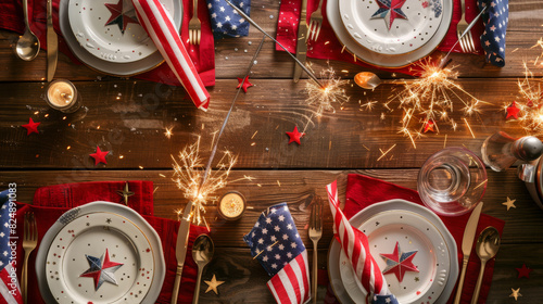 Top view of a 4th of July dinner table with star-themed decor. Independence Day dinner with star-themed napkins and American flags for decoration.