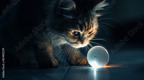 A plump cat interacting with a light-up ball, its paw tapping at the glowing toy, in a darkened room for a captivating effect.
