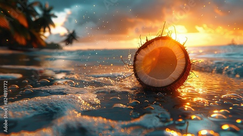  A coconut atop a beach beside the ocean with a sun setting behind it