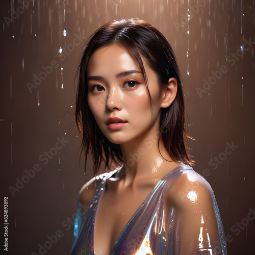 Zjawiskowa azjatycka kobieta o ciemnych i mokrych włosach, ideał kobiety podczas deszczu