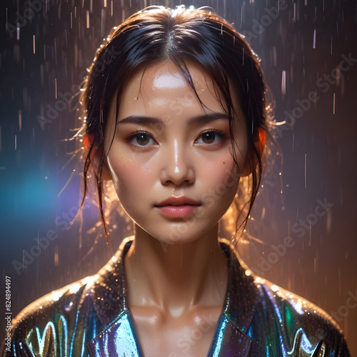 Zjawiskowa azjatycka kobieta o brązowych mokrych włosach, ideał kobiety z idealną cerą i magicznym deszczowym tłem podświetlanym na różne kolory