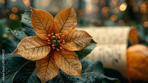  A close-up of a poinsettia with green foliage, against a backdrop of rolled paper