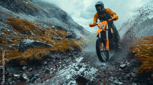 Thrilling moment of motocross rider navigating through rocky, muddy trail in mountainous landscape.