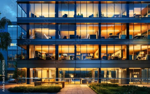 Modern office building facade lit up at dusk, visible interior spaces.
